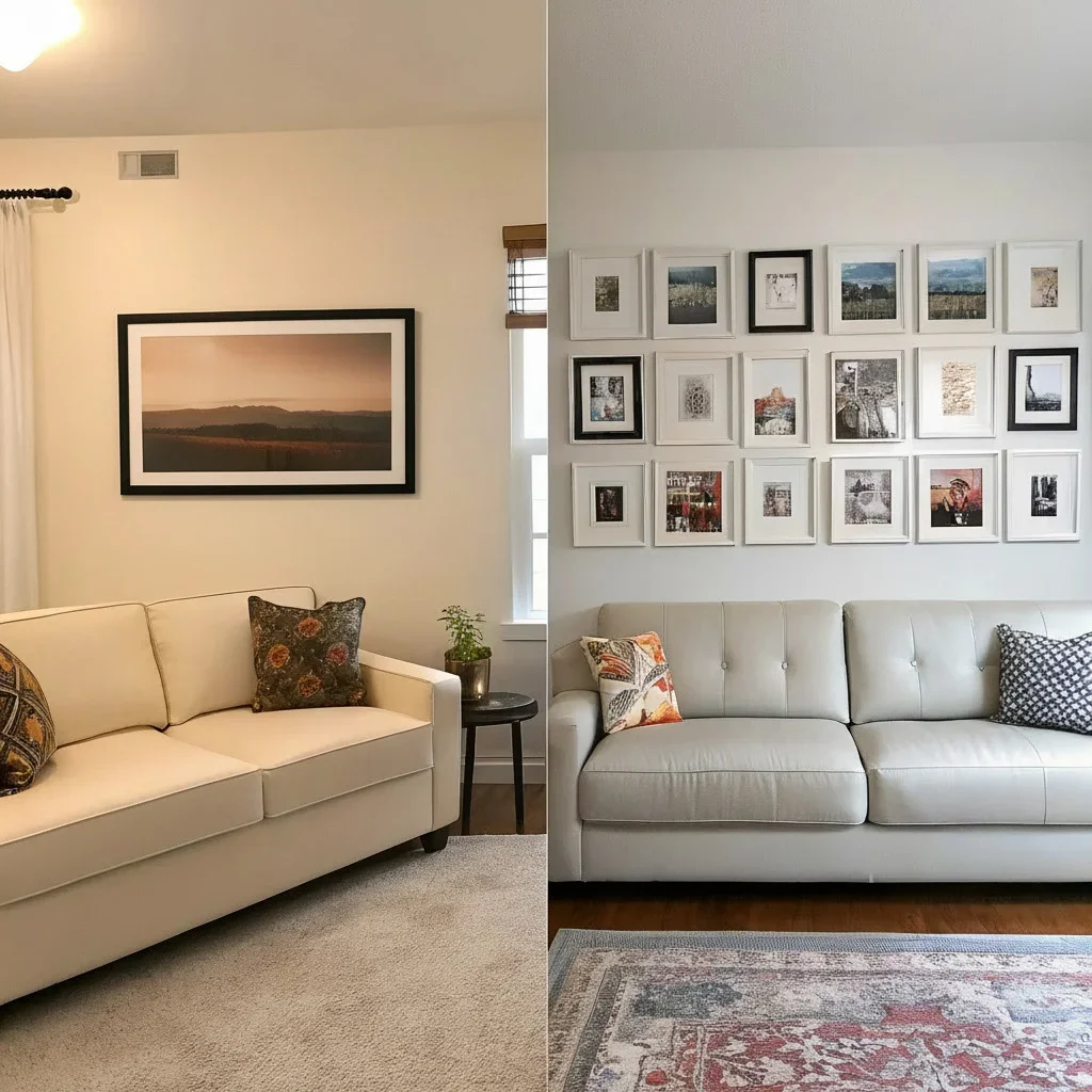 A split living room scene comparing one large statement artwork above a sofa with a neatly arranged gallery wall above an identical sofa.