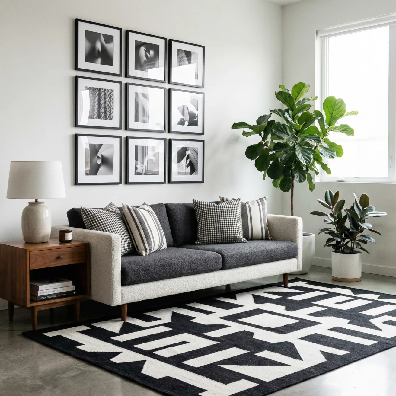 Stylish sofa space with black-and-white decor and greenery
