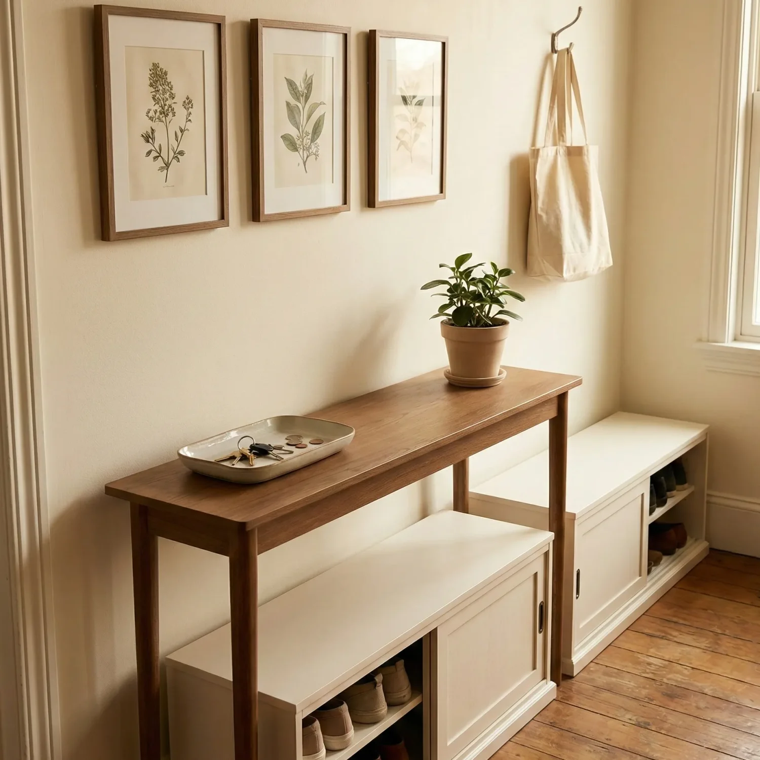 Entryway with shoe storage bench, console table, and botanical art