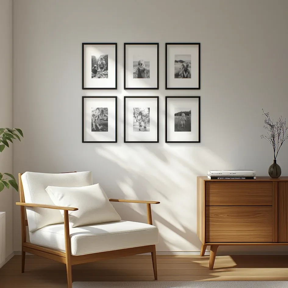 Minimal reading nook with gallery wall and wooden armchair

