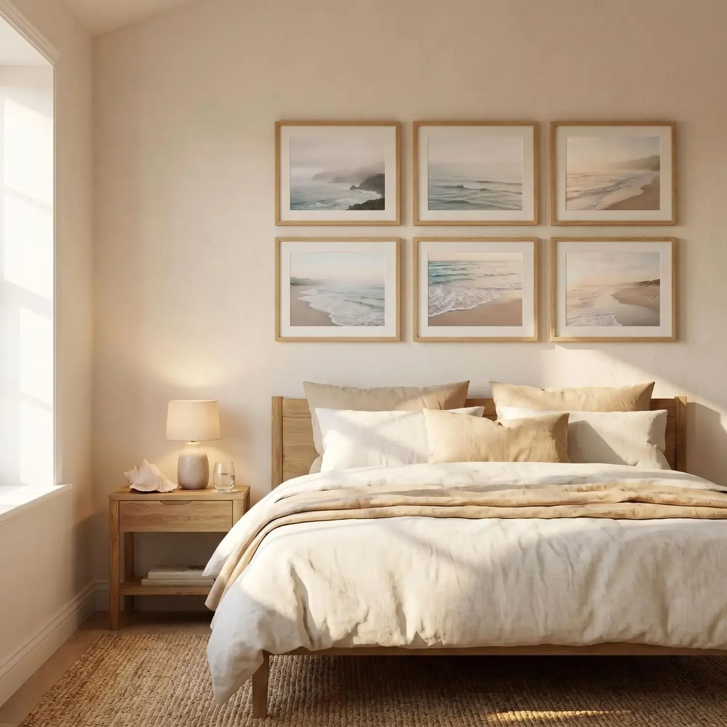 Coastal framed photos above bed in calm bedroom