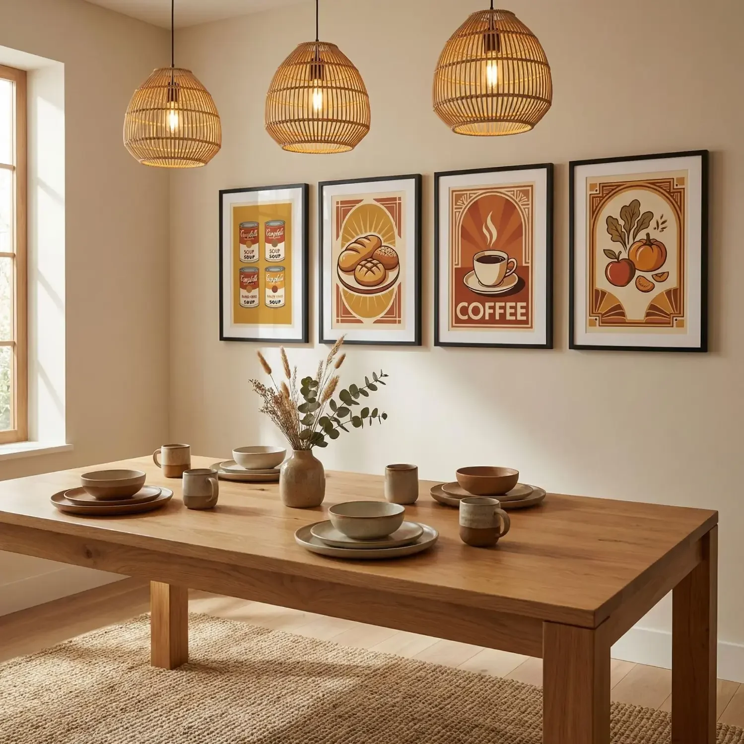 Vintage pop art framed prints in dining room row