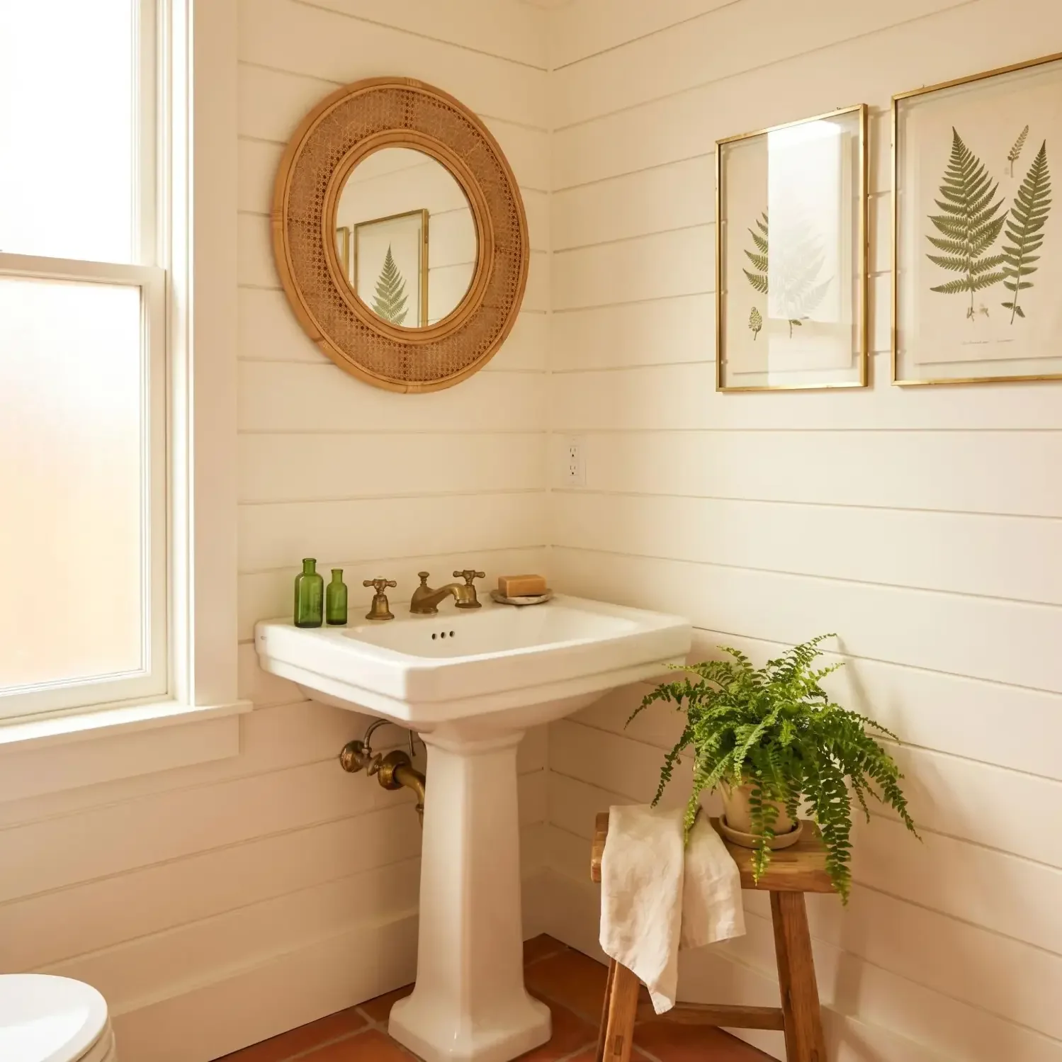 Botanical fern framed prints in small bathroom