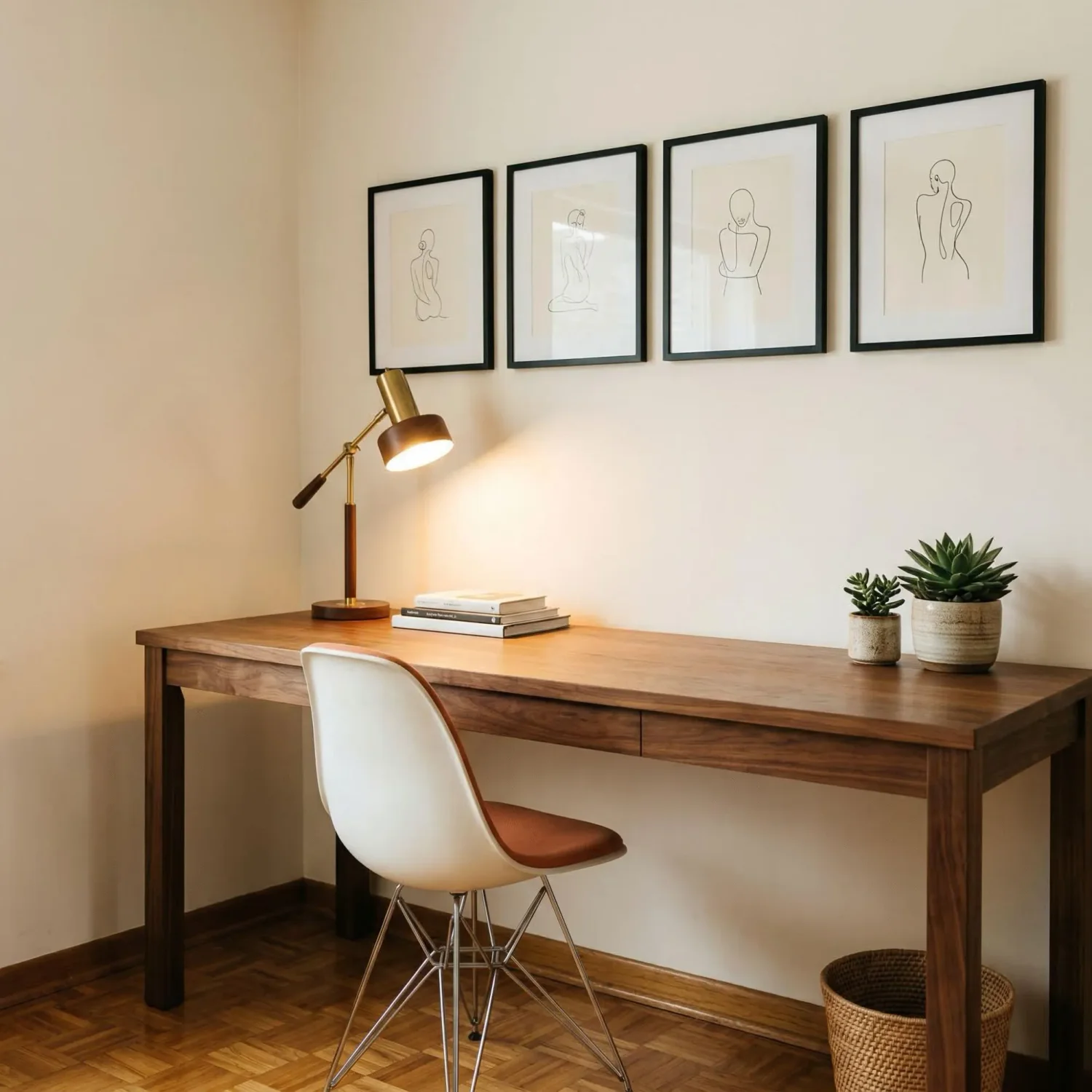 Row of framed pictures in mid century home office