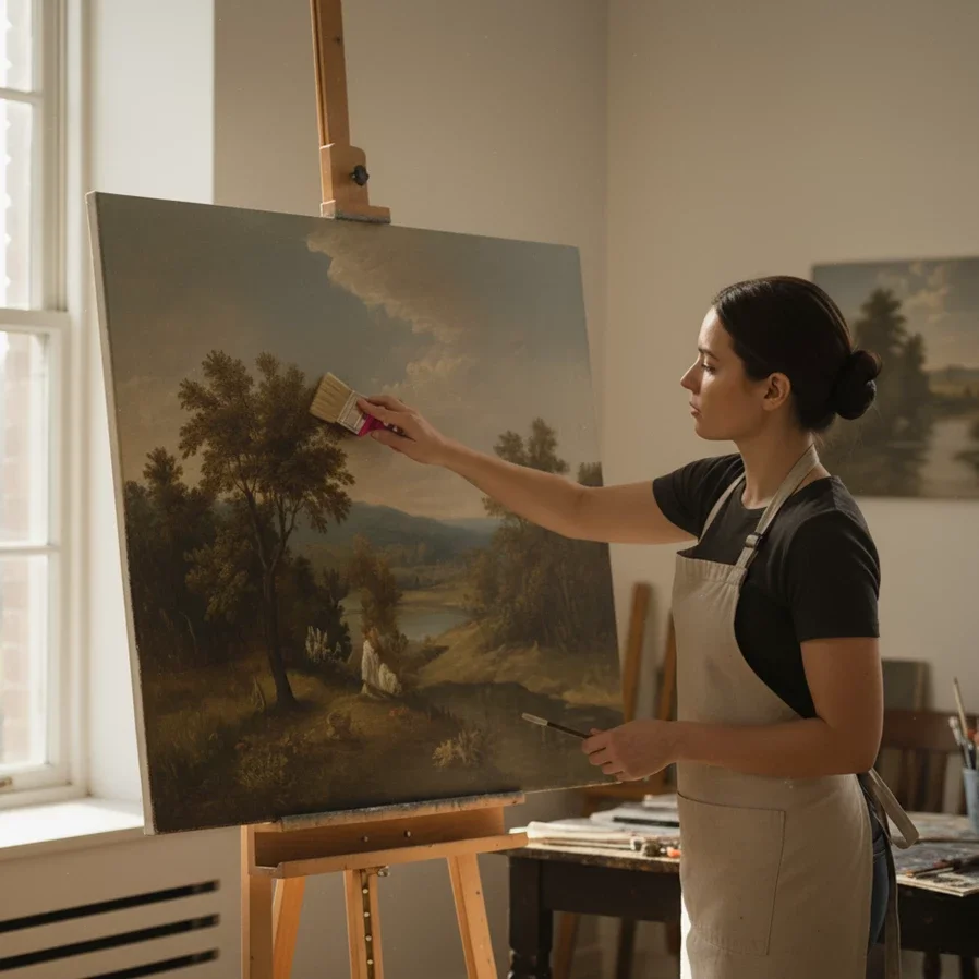 woman artist brushing landscape canvas in studio