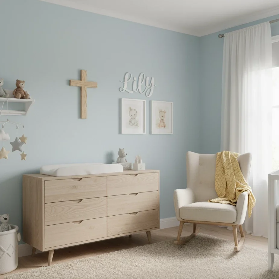 Soft blue nursery with wooden cross and baby decor