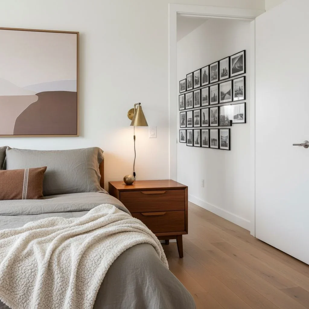 Bedroom and hallway with walnut furniture and photo gallery