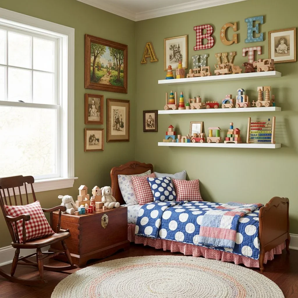 Cozy vintage kids’ room with classic toys