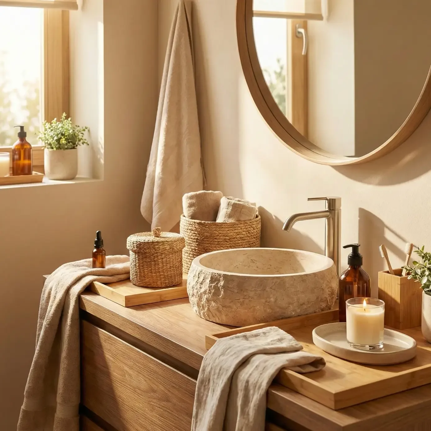 Natural wood vanity with round mirror and spa-style decor
