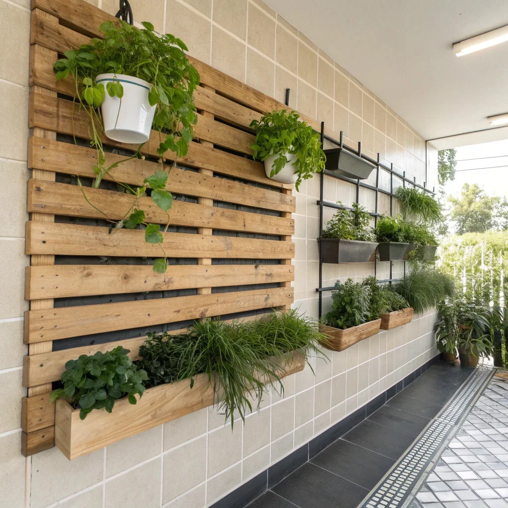 Vertical garden on slatted board with simple hanging planters.