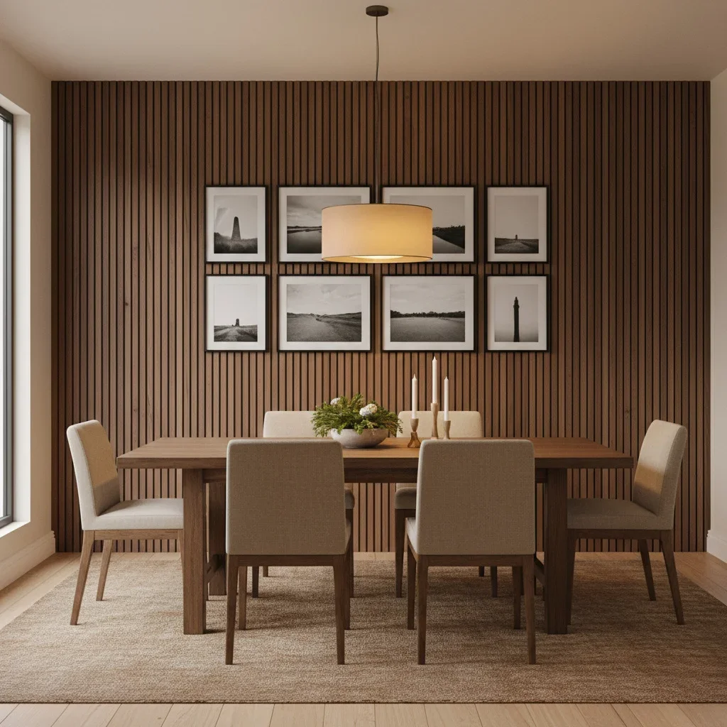 Dining room with vertical walnut or oak slats paired with minimalist black-and-white framed photos.