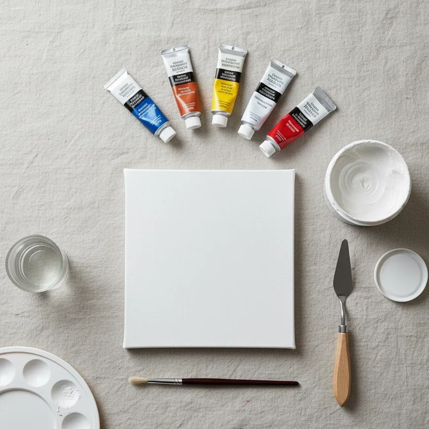 blank square canvas with paints, brush, and palette knife