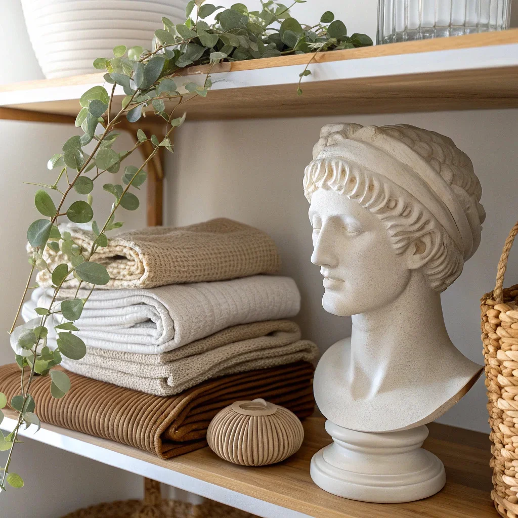 Shelf vignette with sculptural objects, folded textiles, and a small trailing plant adding texture and depth.