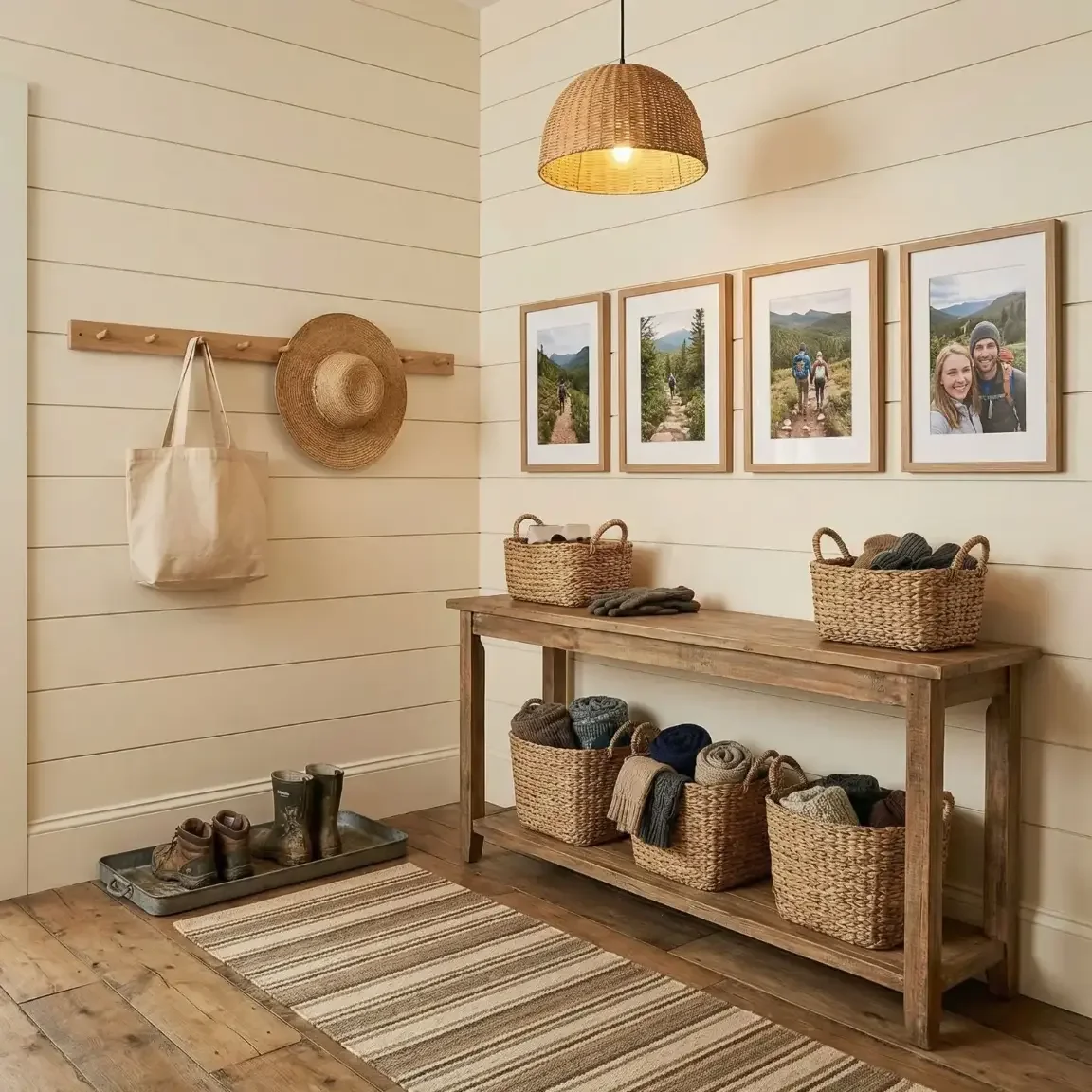 Rustic entryway peg rail and framed nature photos