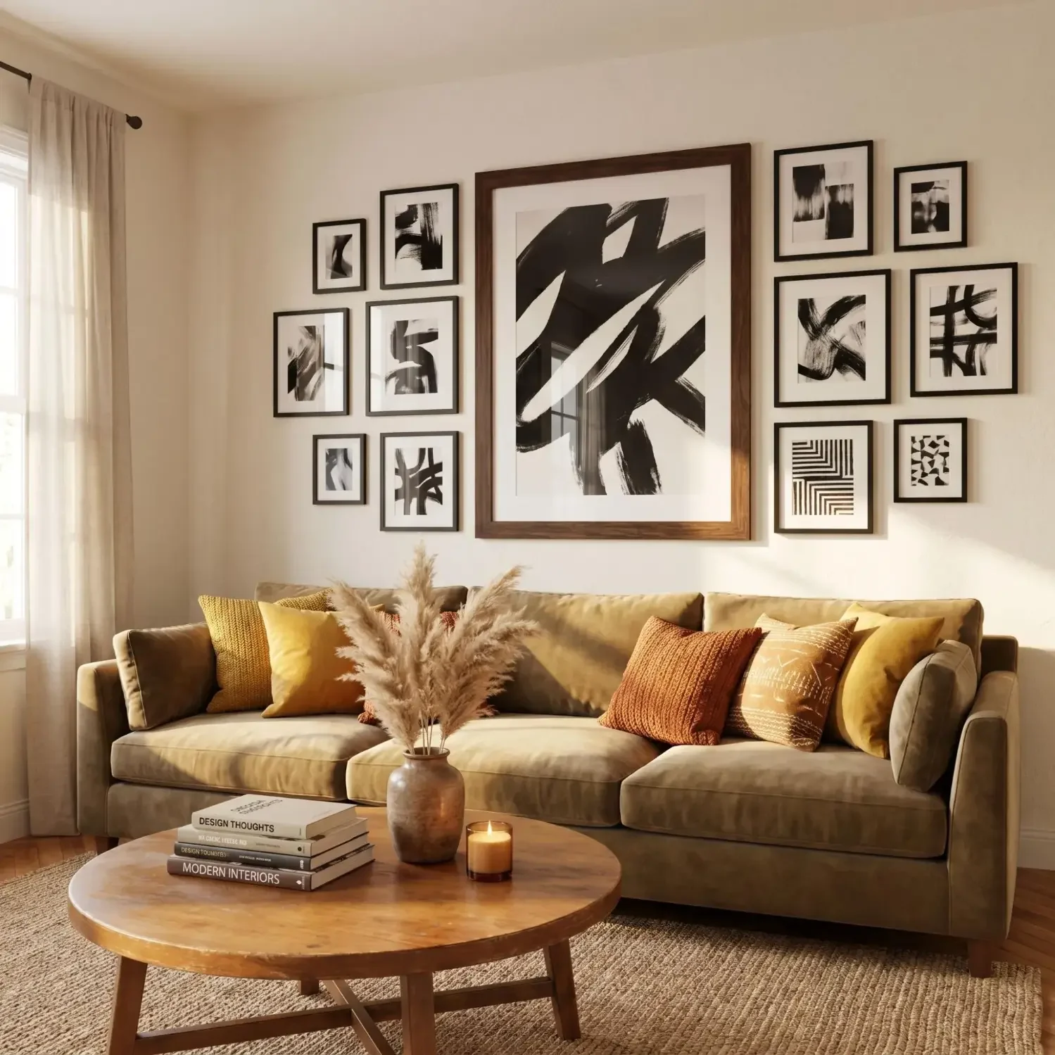 Gallery wall with framed art prints in a cozy living room