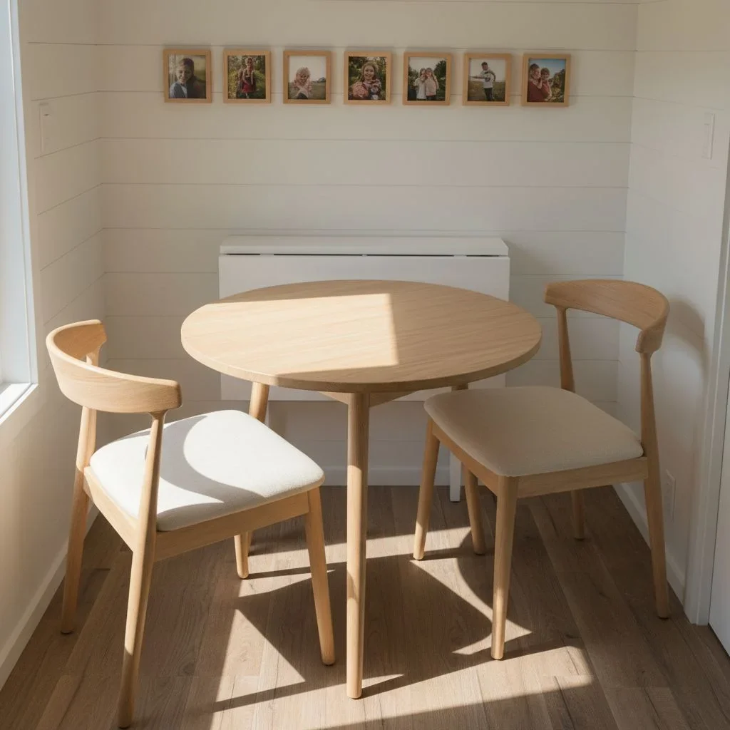Tiny house dining nook with round table and art wall