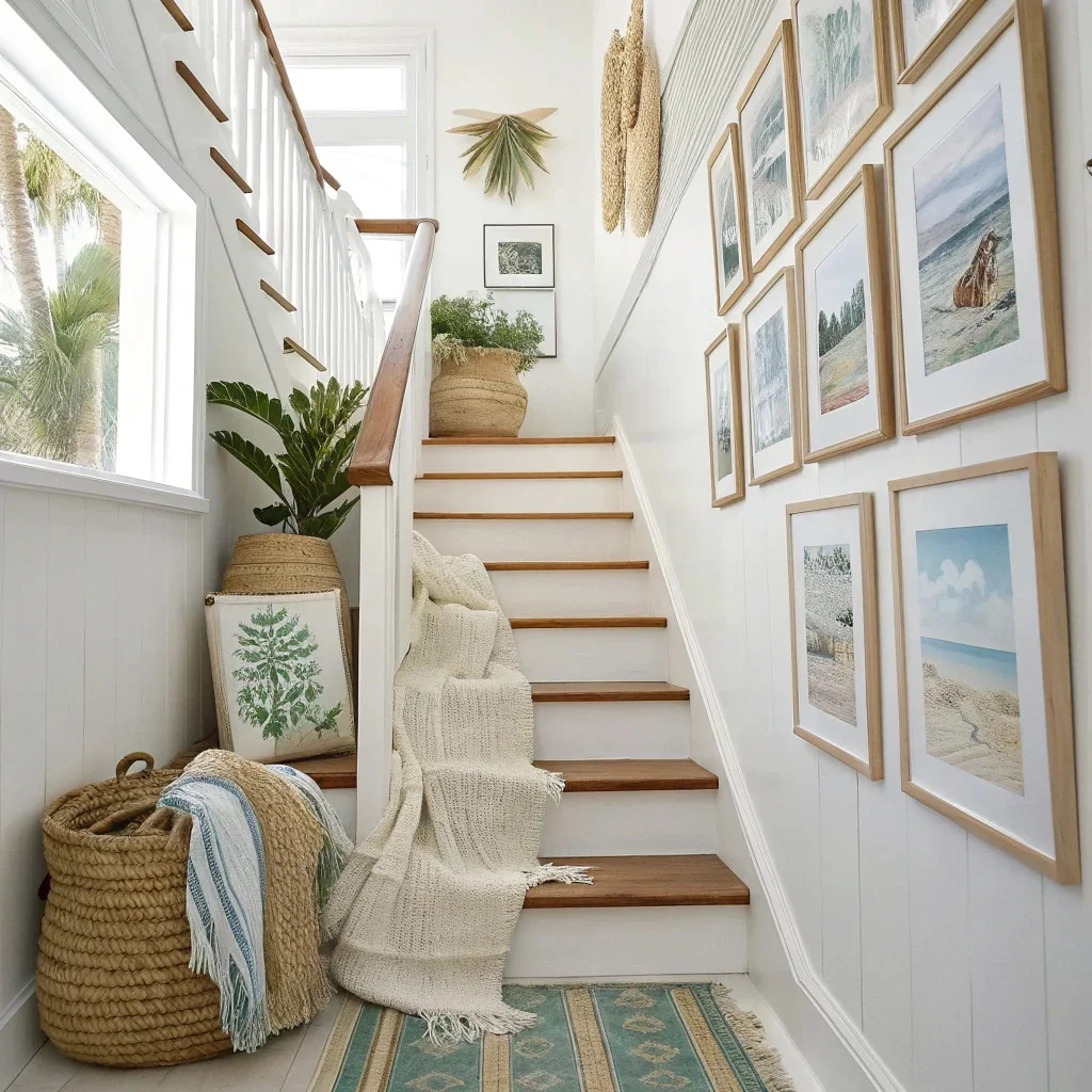 A light and airy boho-style staircase wall with maple or white frames, botanicals, seascapes, and woven accents.