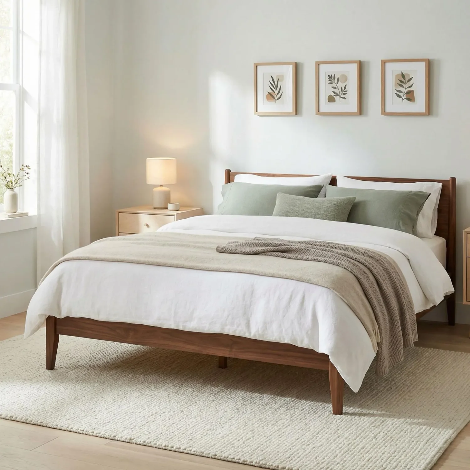 Scandinavian mid-century modern bedroom with framed art