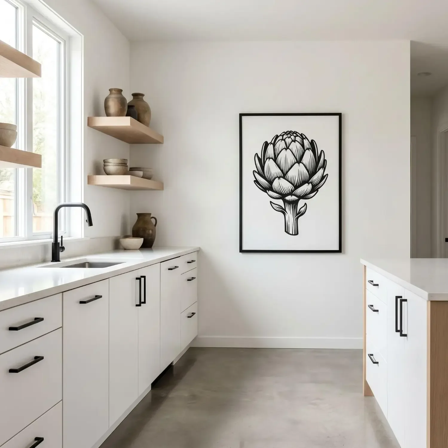 Minimalist kitchen with bold framed art print