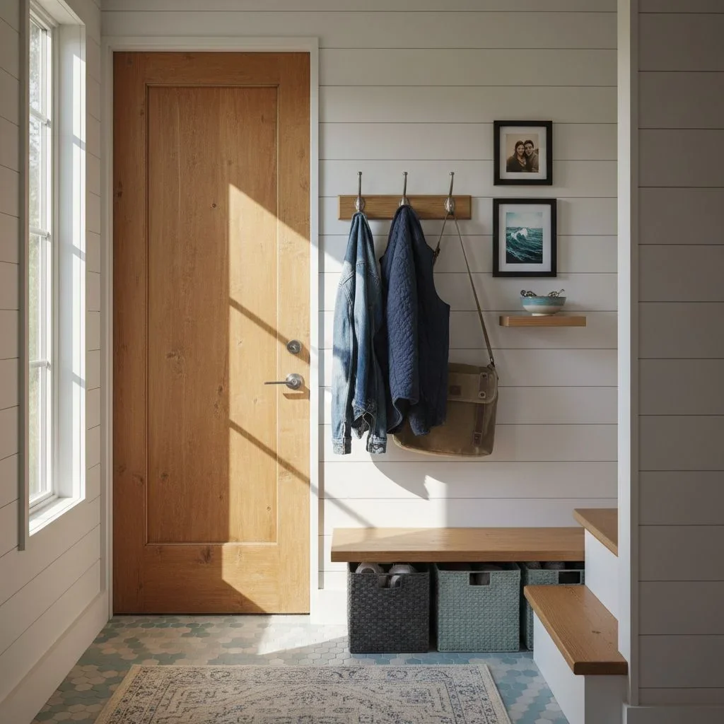 Organized tiny home entryway with storage and gallery
