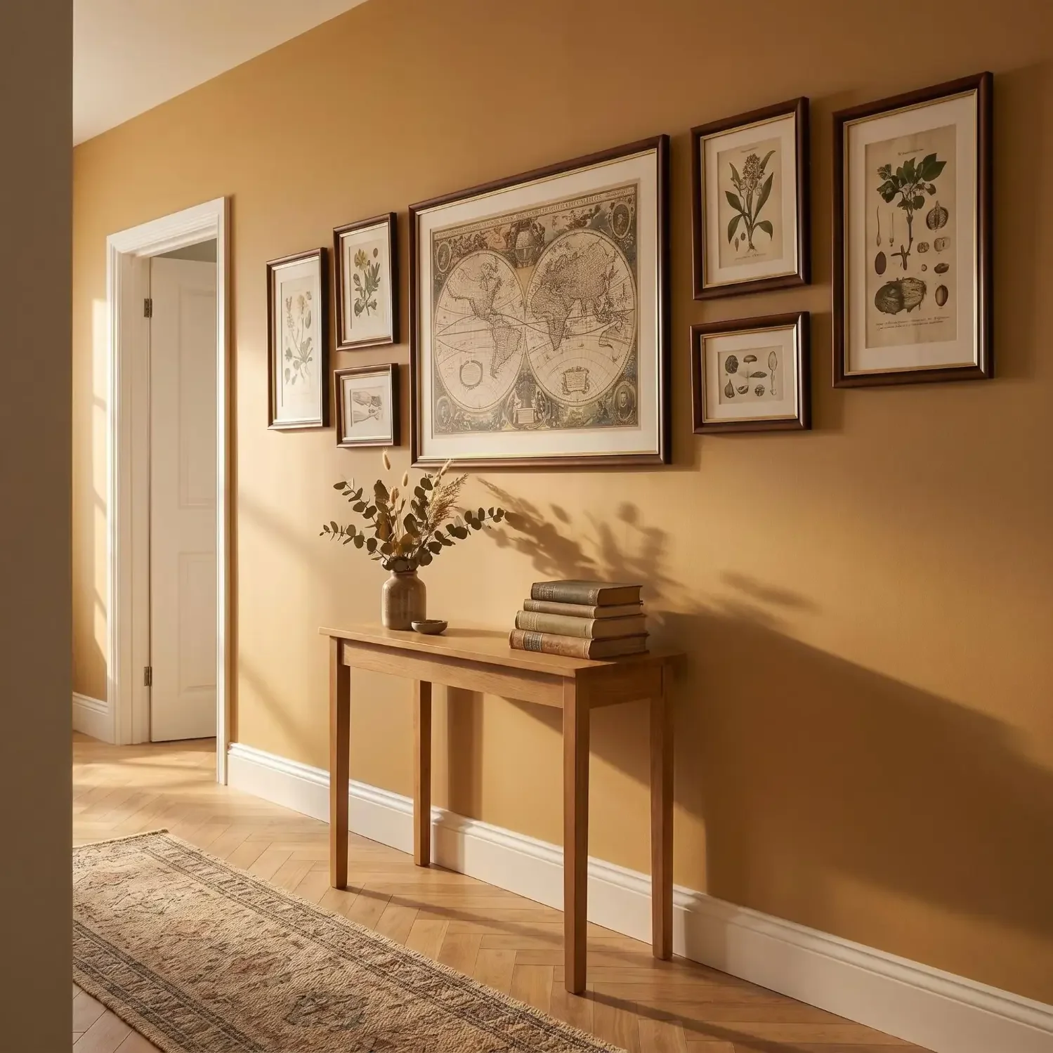 Framed world map as elegant hallway wall decor