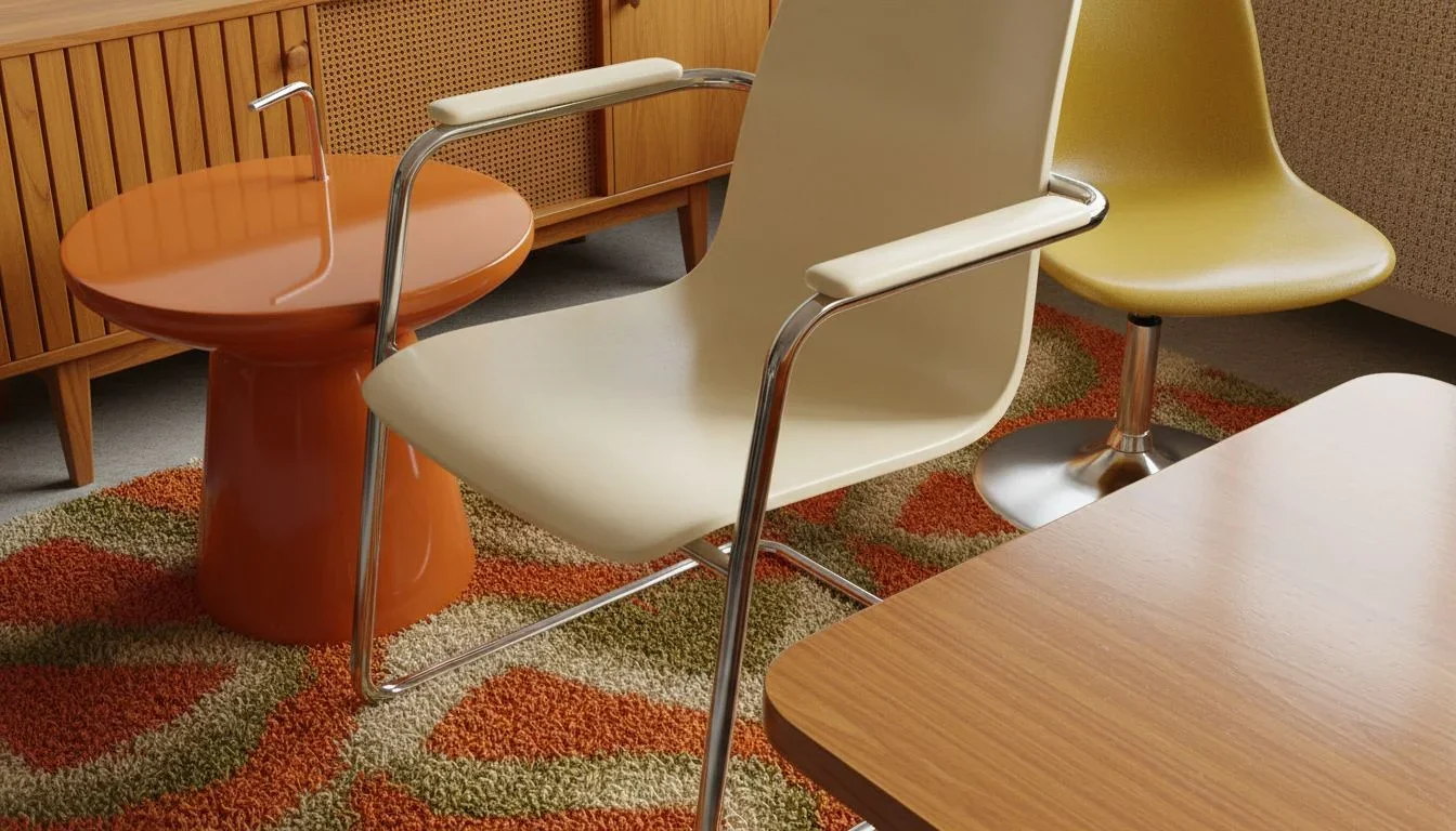 Materials close-up: plastic, wood, chrome, rattan, laminate