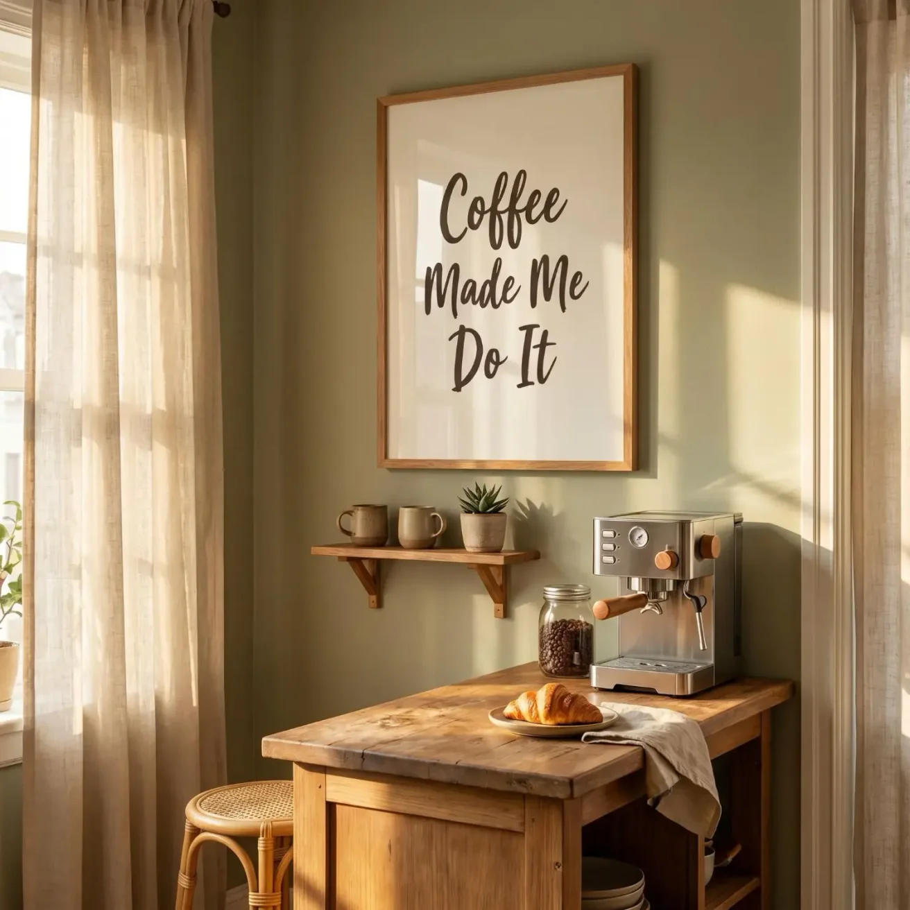 Coffee humor framed print in cozy breakfast nook