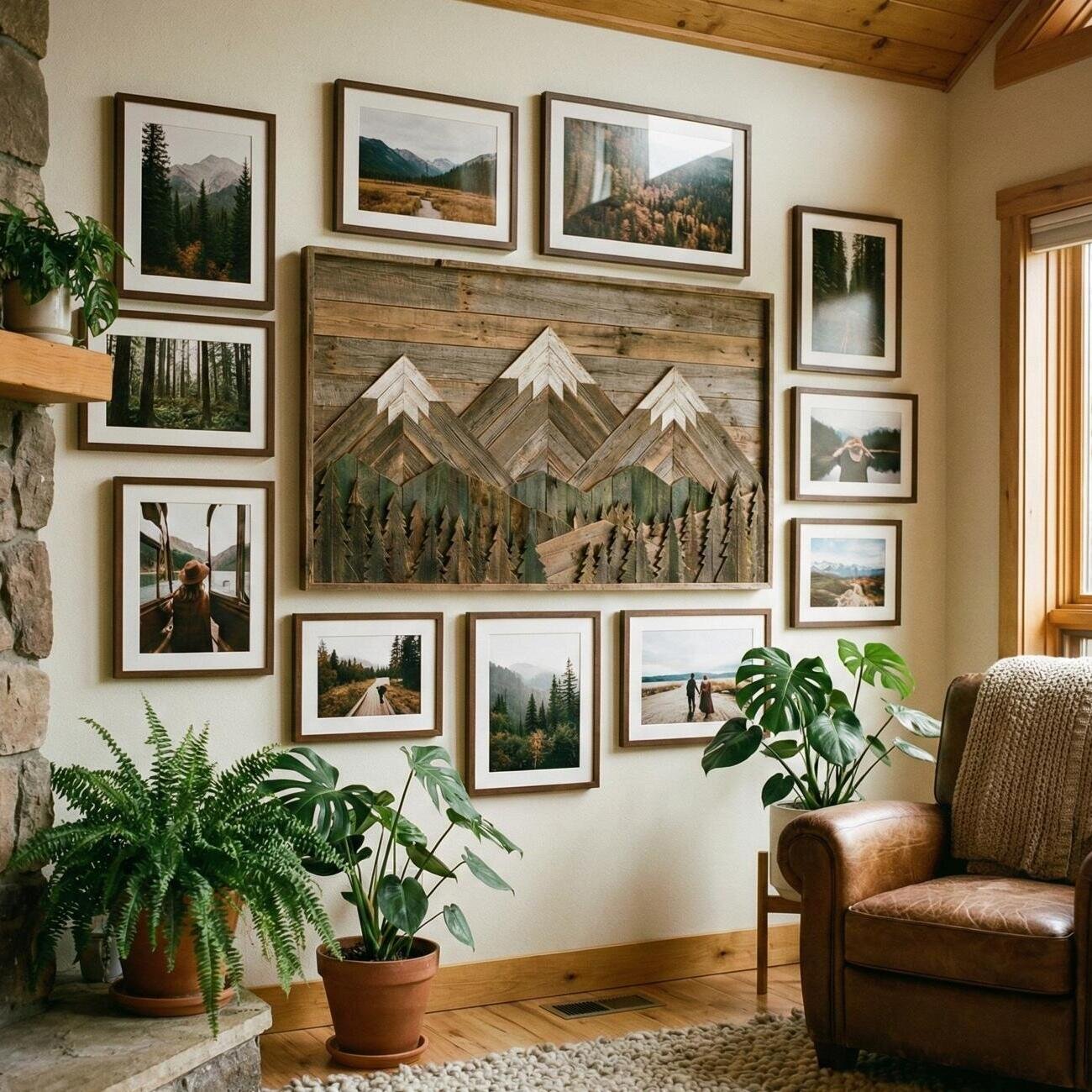 Rustic gallery wall with mountain art and nature photos