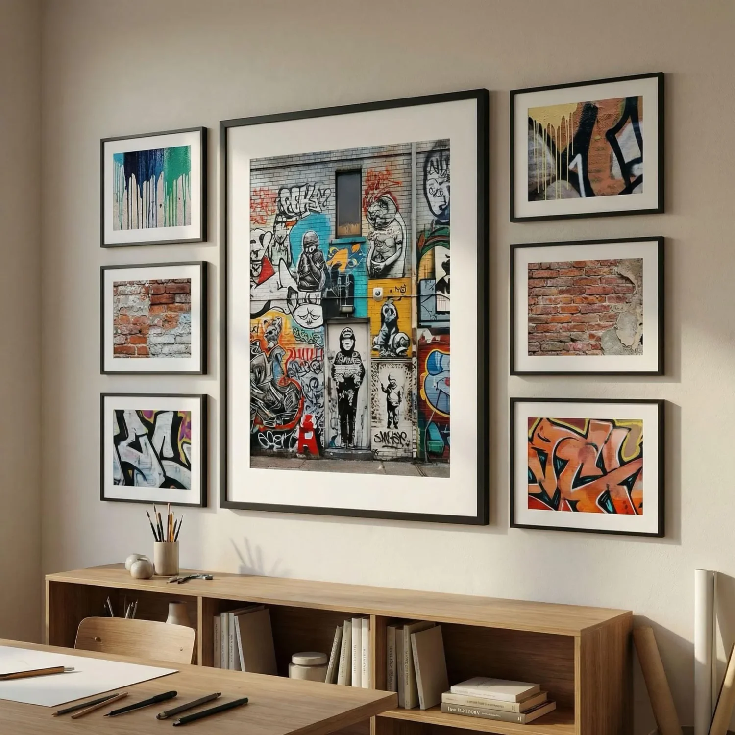 Large mural framed photo flanked by close-ups