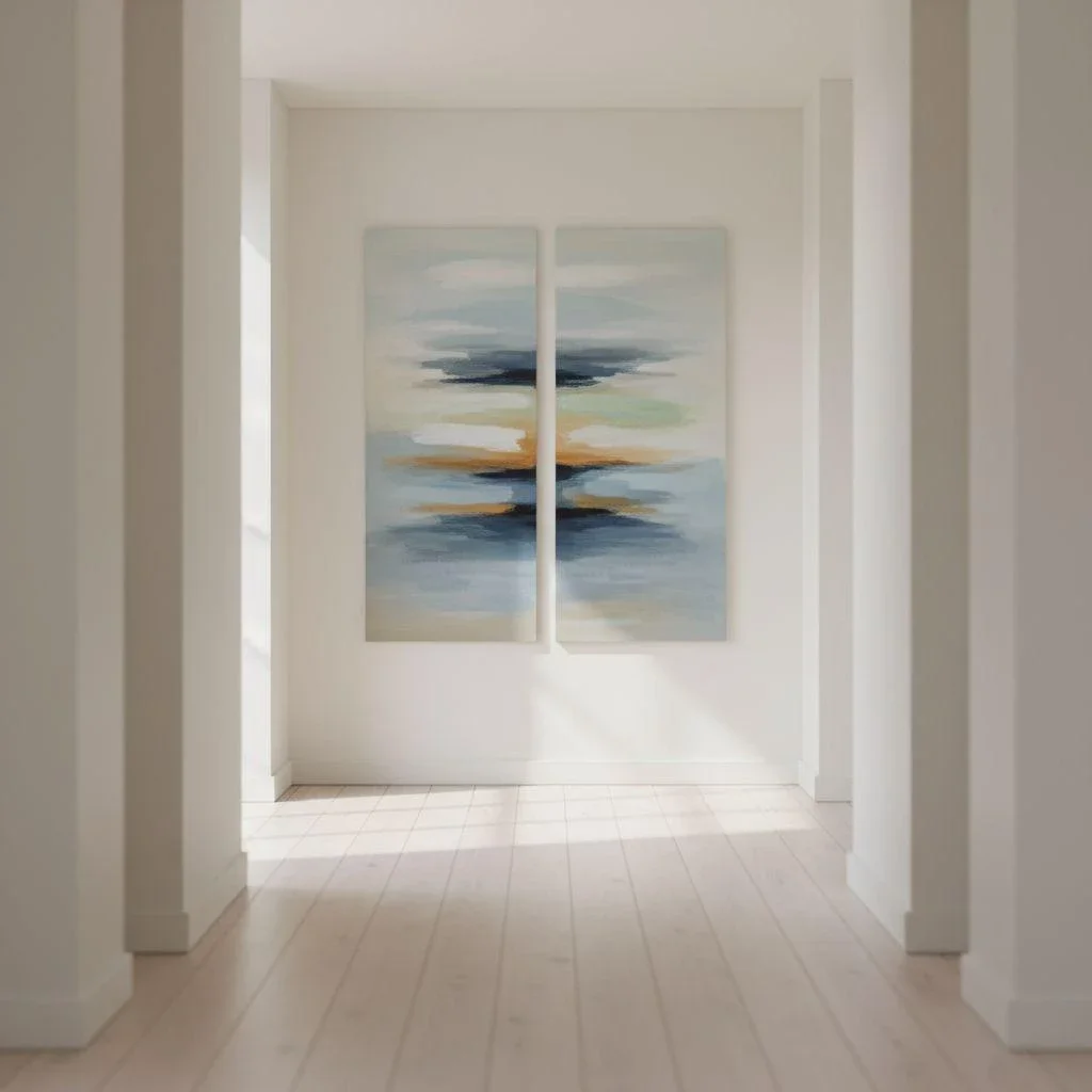 Minimal hallway with 2-piece diptych art