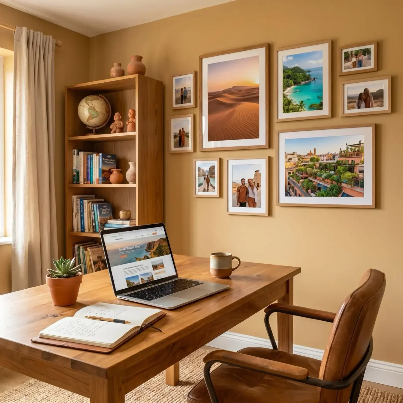 Home office wall with framed travel photography