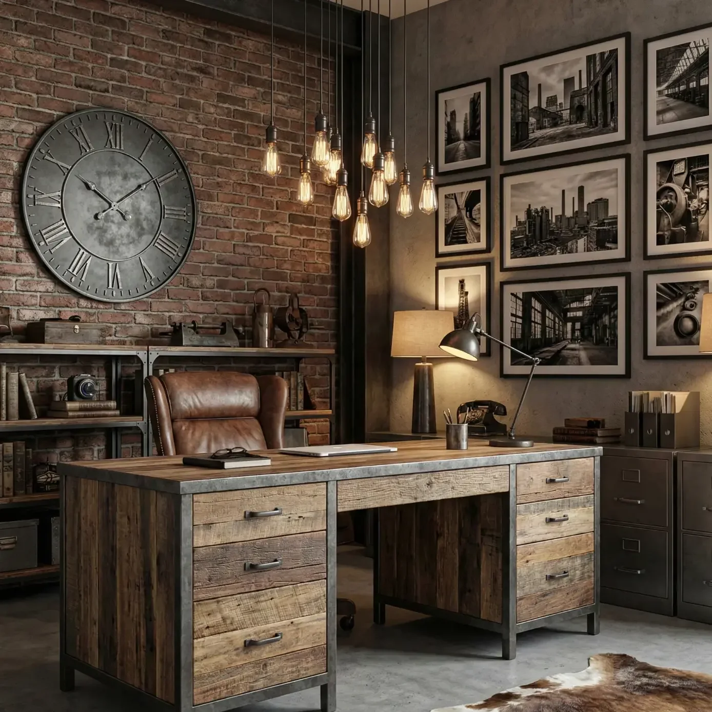 Industrial home office with brick wall and vintage clock