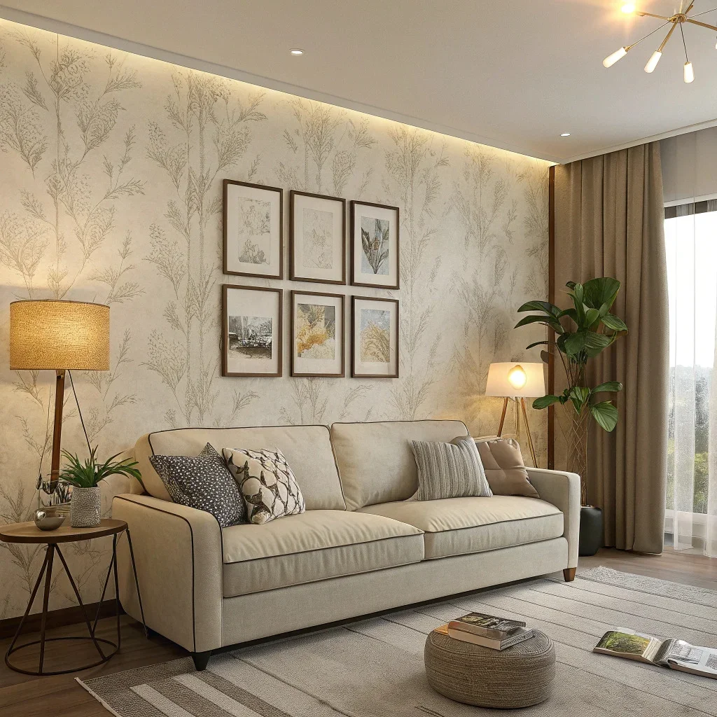 Living room accent wall with subtle textured wallpaper and framed art.