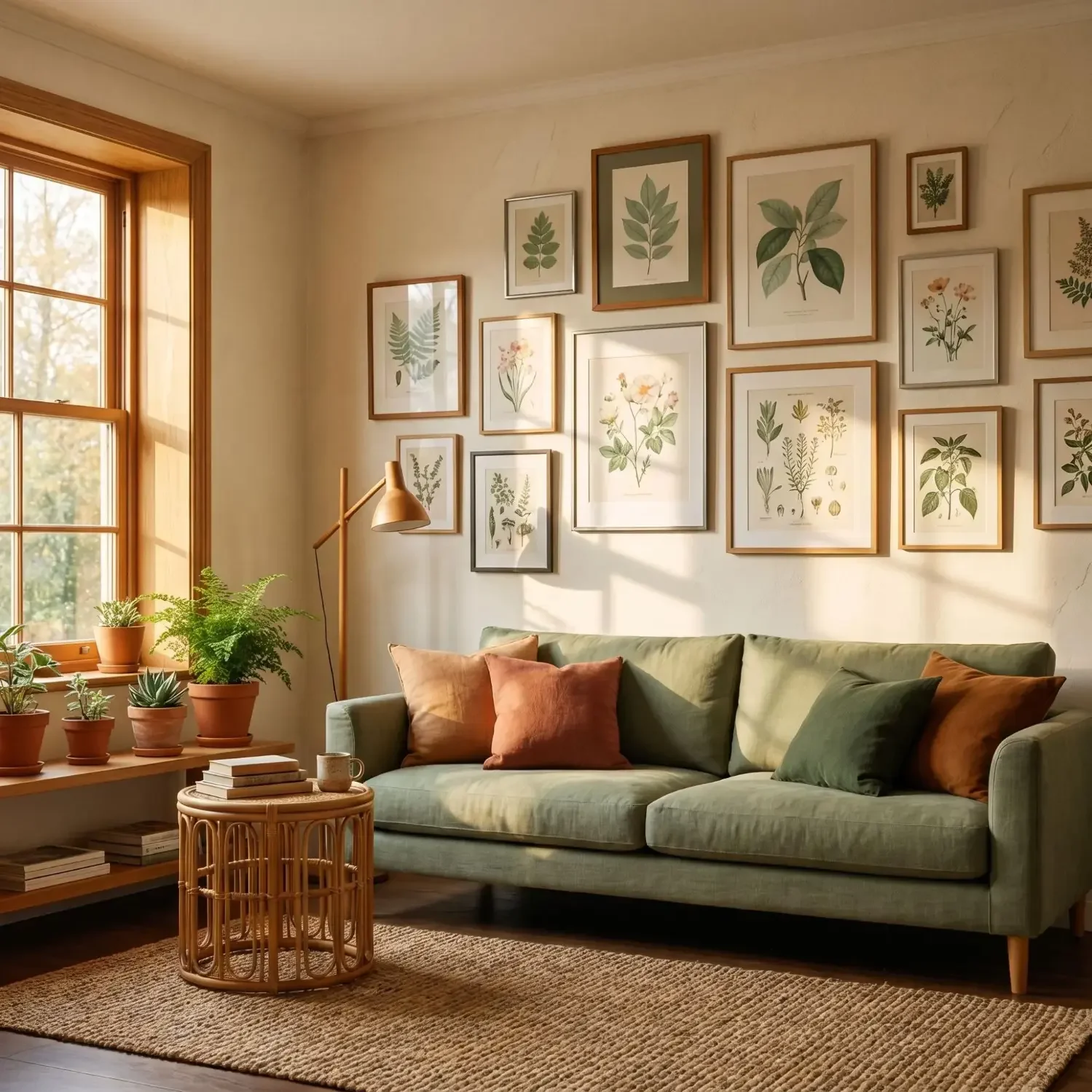 Botanical gallery wall in a cozy living room