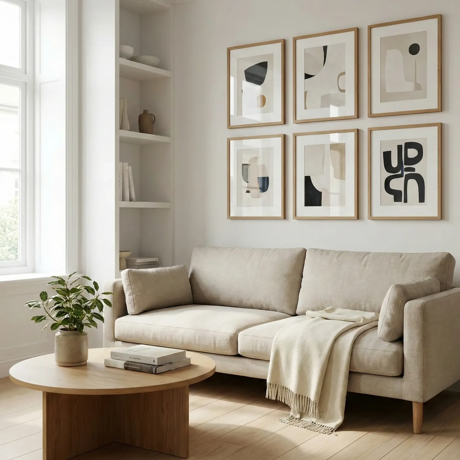 Minimal living room with beige sofa and abstract framed prints