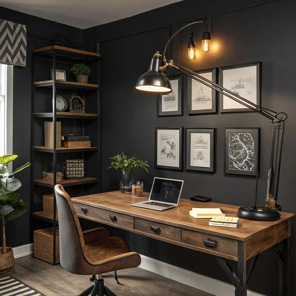 Home office with overhead light, angled task lamp, and warm ambient shelf lighting.
