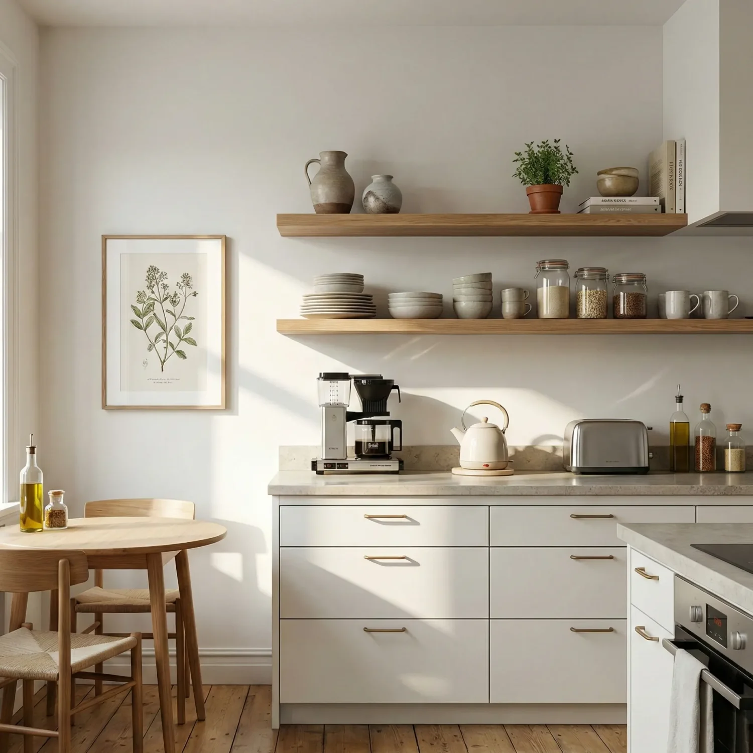Bright minimalist kitchen with open shelves and small dining table