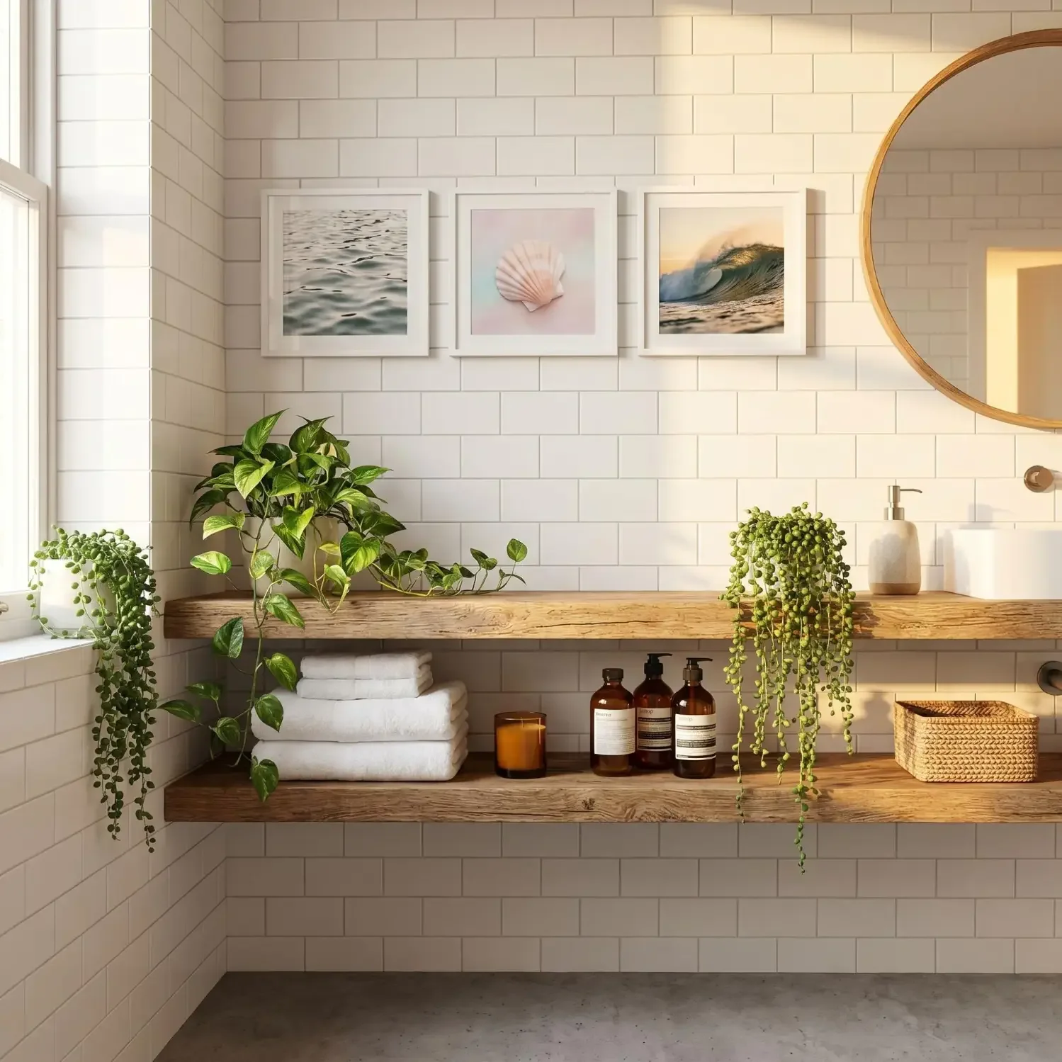 Small beach framed photos in spa-style bathroom