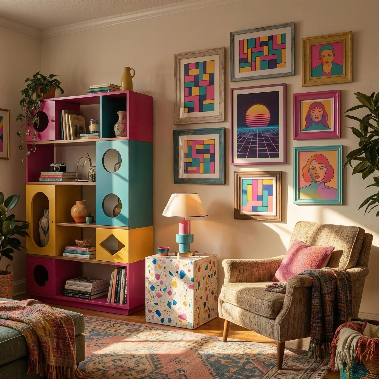 Memphis-style room with bold colorful framed pictures