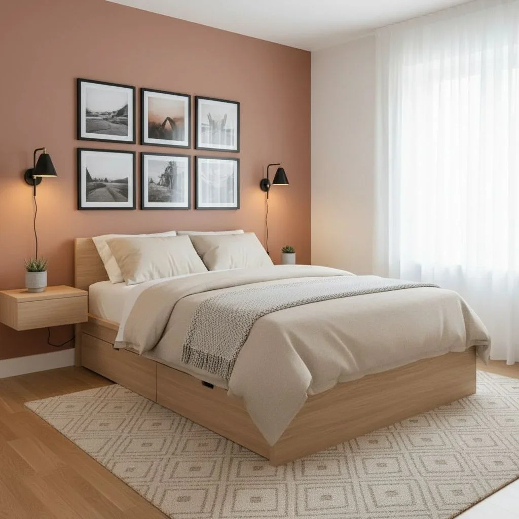 Minimalist bedroom with storage bed and wall art