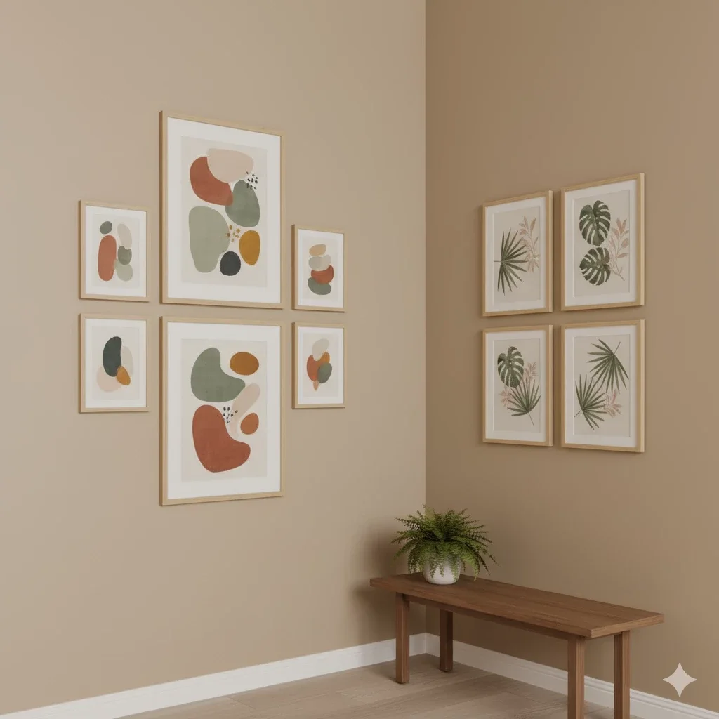 corner gallery with abstracts and botanical prints above bench