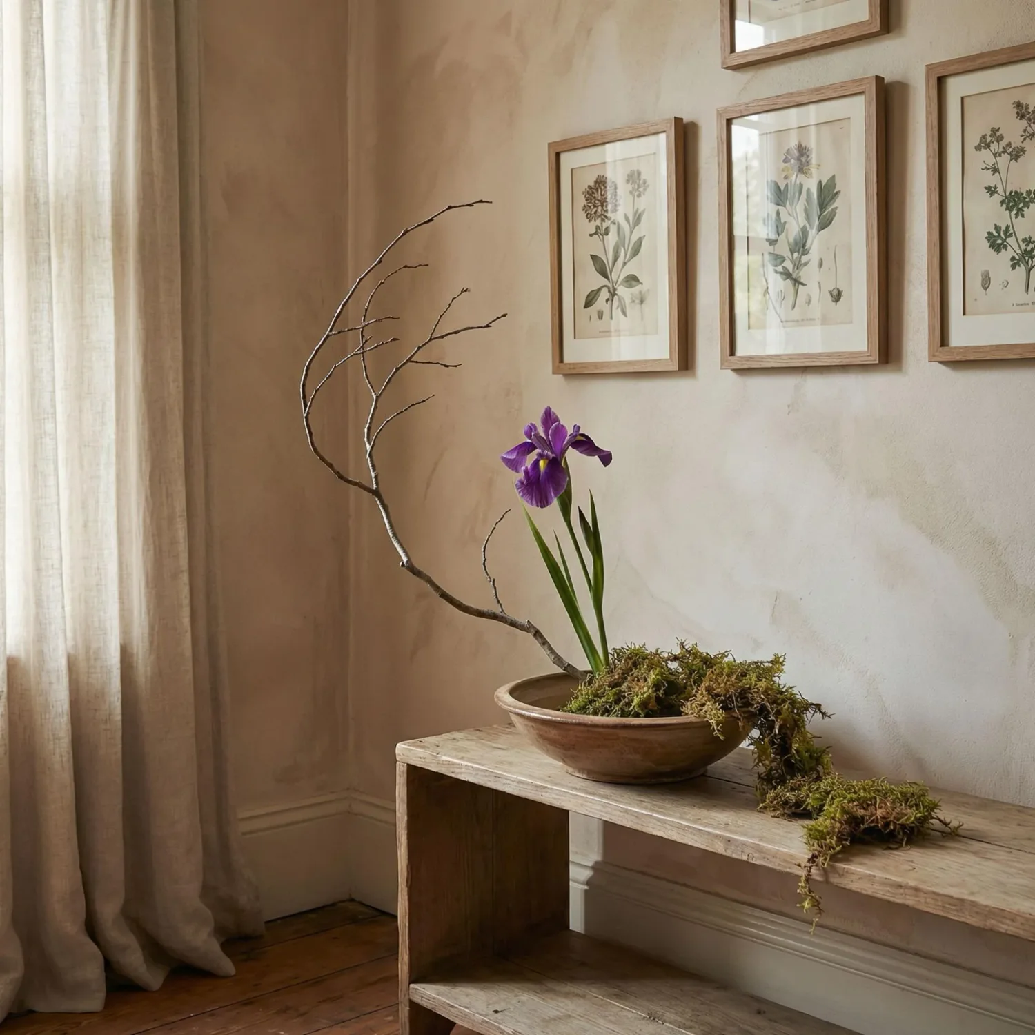 Ikebana-inspired floral arrangement on shelf