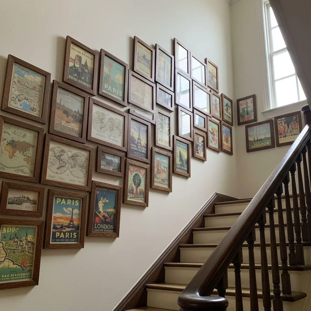 Staircase gallery wall filled with vintage travel posters