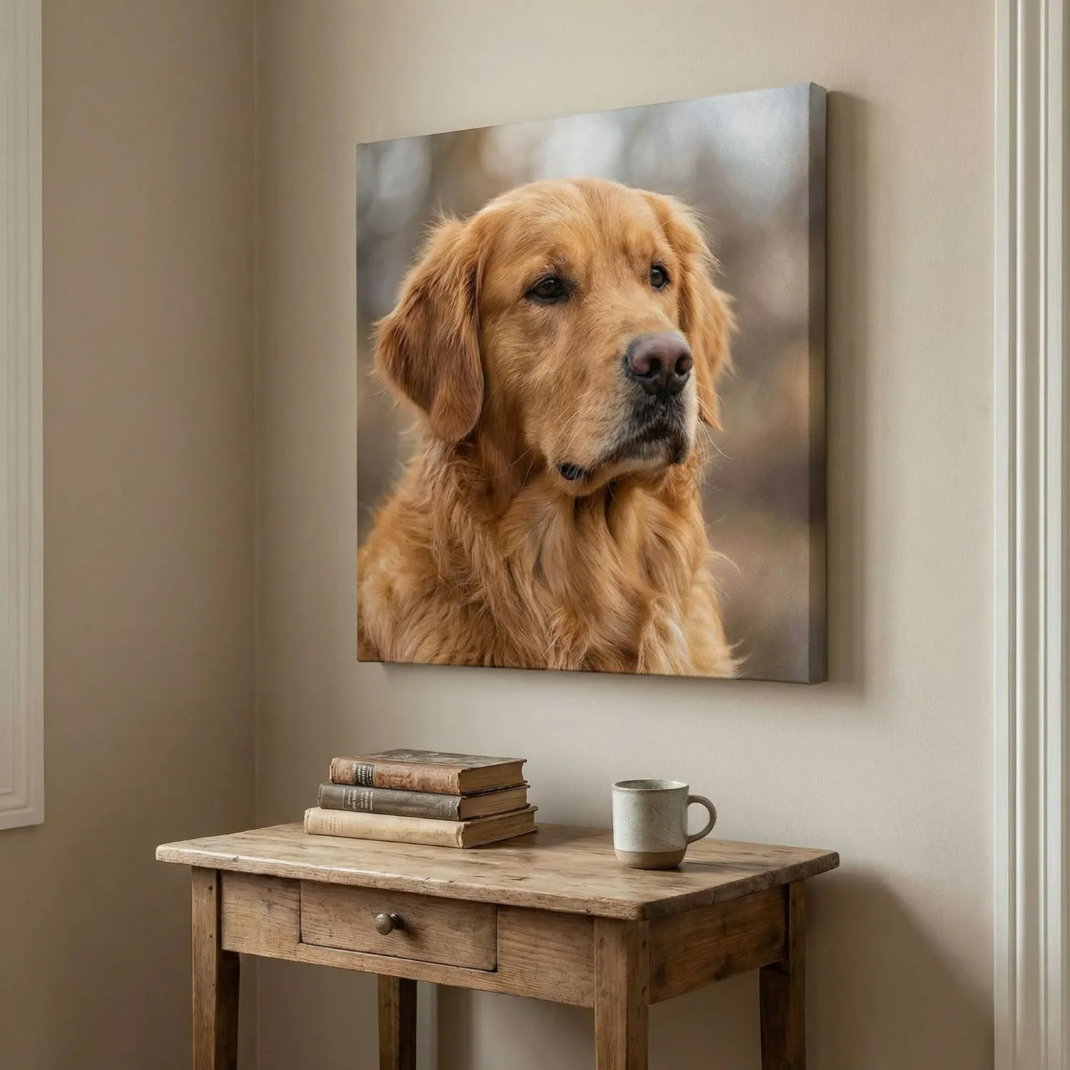 Pet portrait canvas print in a home reading nook