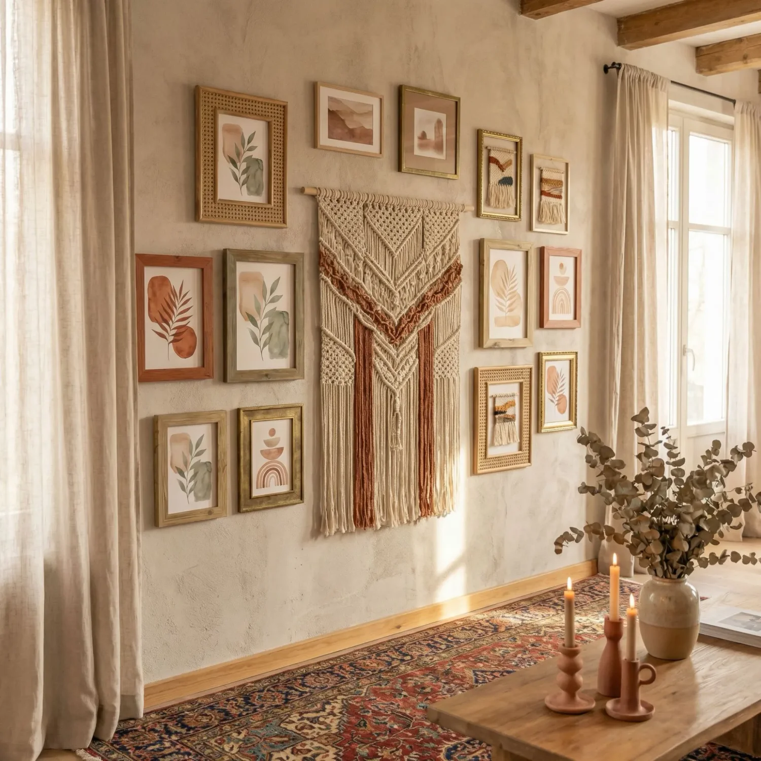 Large boho wall 12 framed pictures around tapestry