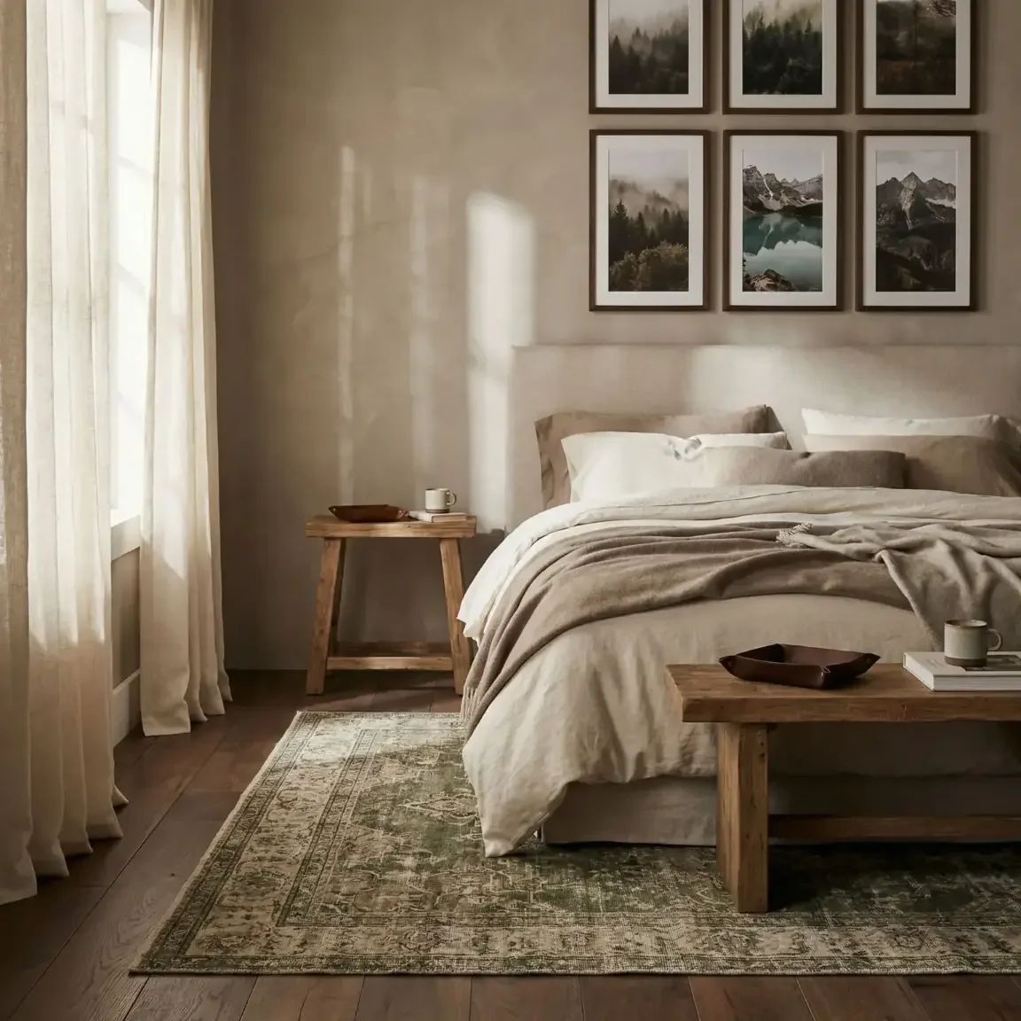 Rustic bedroom with nature framed photos above headboard
