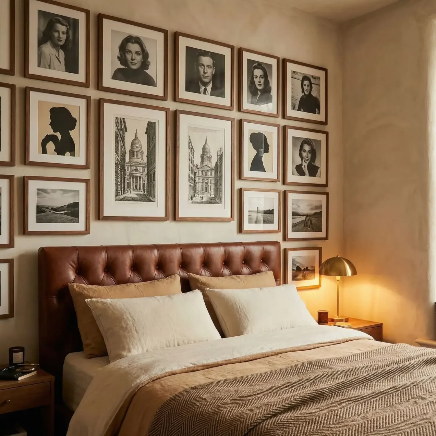 Vintage grid of black-and-white framed prints above bed