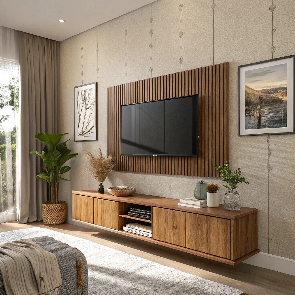 TV wall featuring warm wood slat panels and canvas-textured frames that soften the tech and add depth to the space.