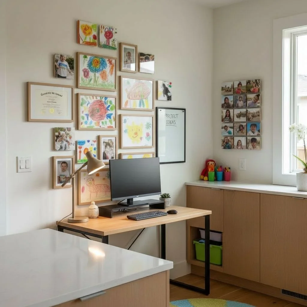 Home office wall with diplomas and inspiration grid