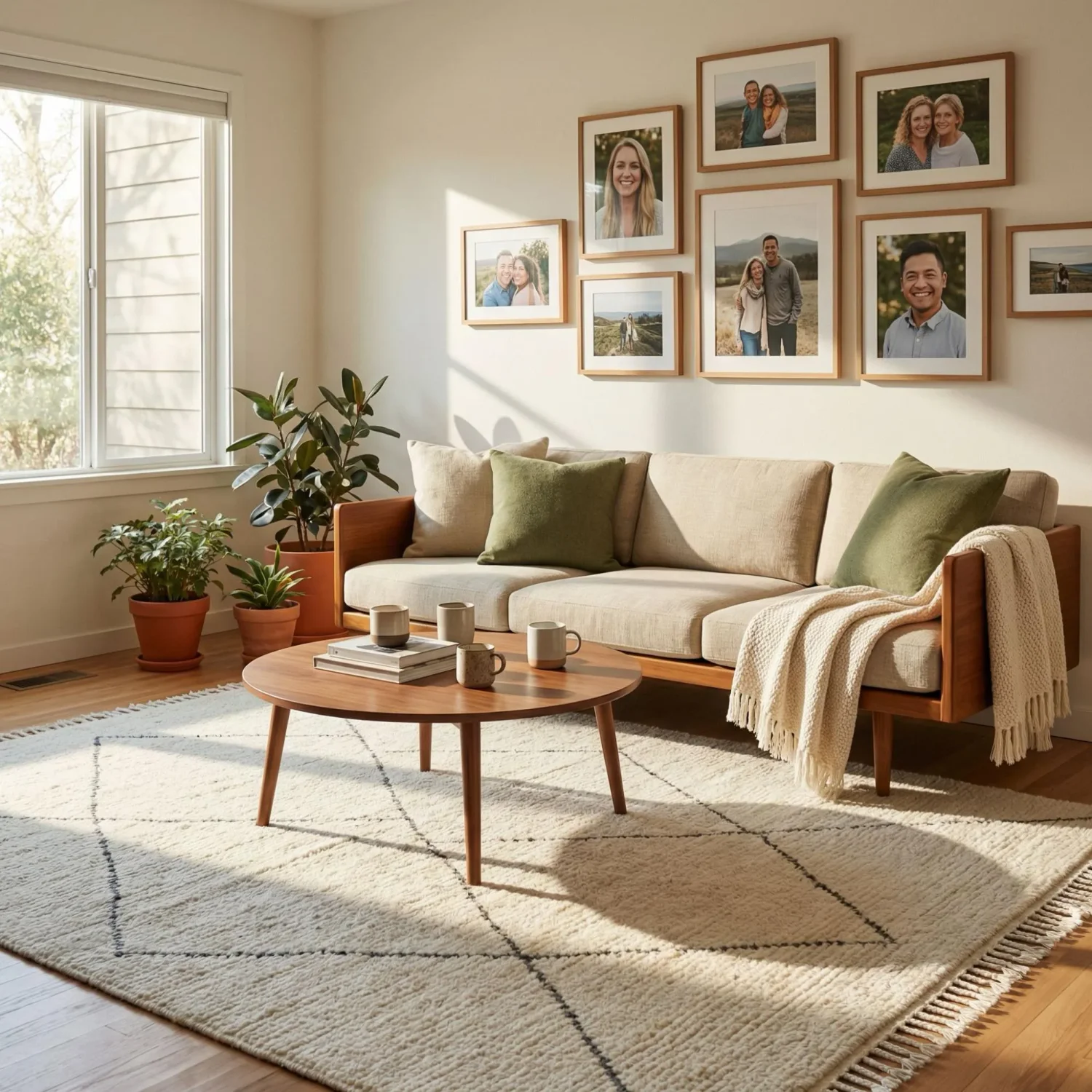 Mid-century modern living room with geometric wool rug